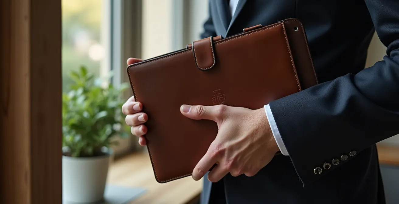 Manos profesionales sosteniendo dispositivo cerrado con elementos españoles