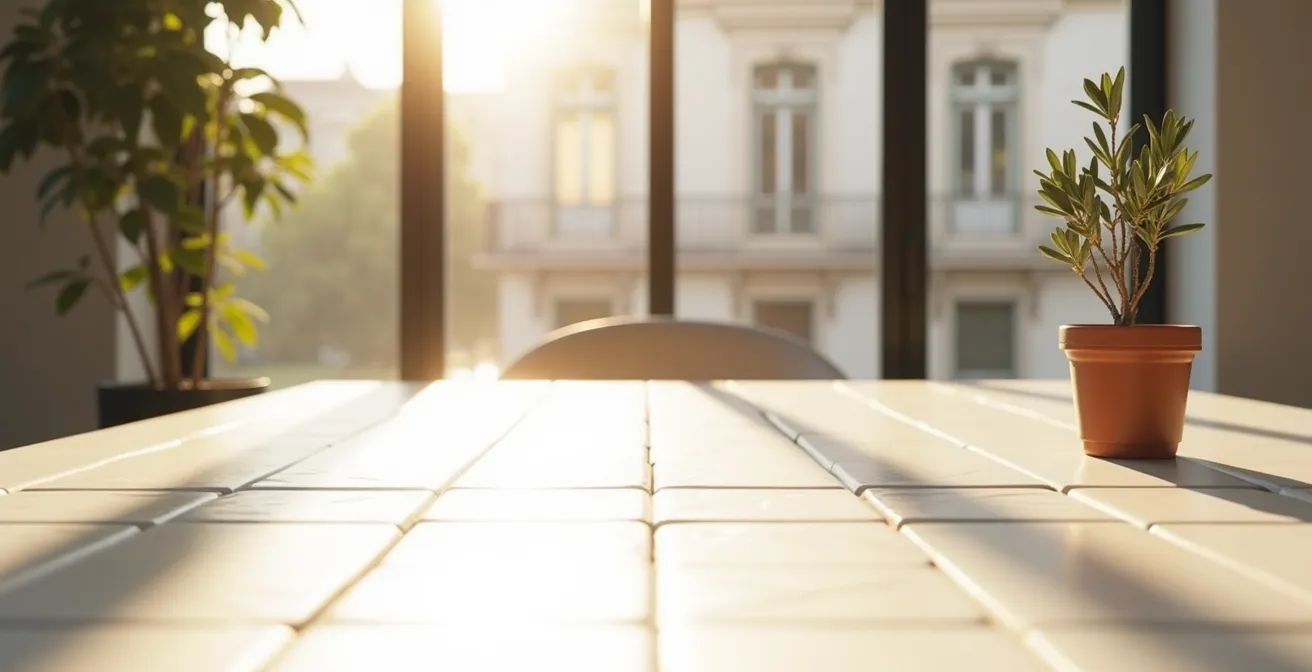 Espacio de trabajo minimalista mostrando el proceso de renovación de contenido