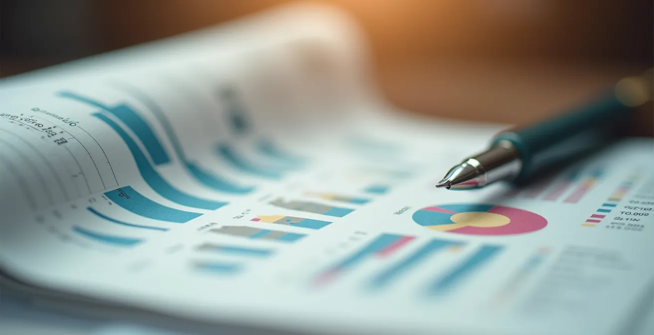 Análisis de datos empresariales con pantalla desenfocada y documentos de investigación