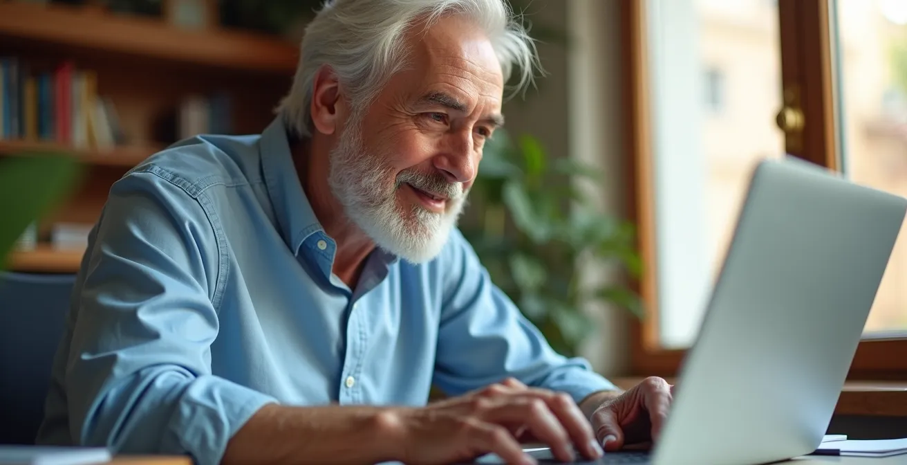 Vendedor senior utilizando herramienta CRM en su ordenador portátil