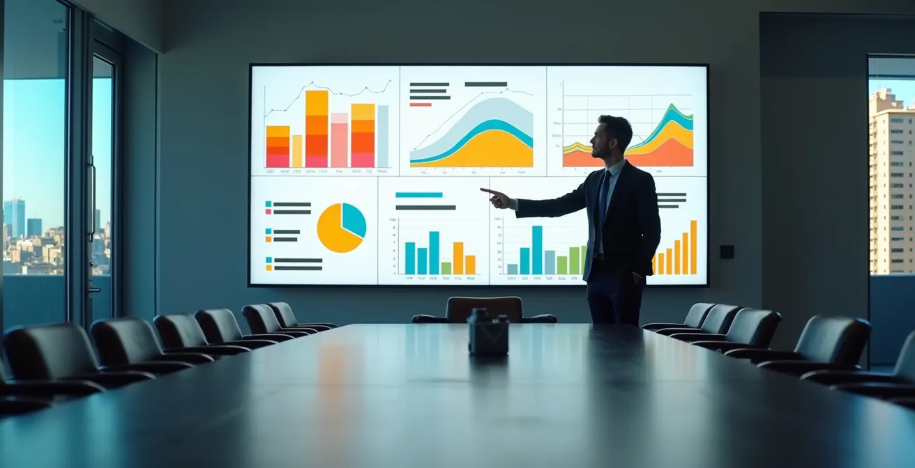 Dashboard profesional de métricas SEO en pantalla con gráficos y KPIs de negocio