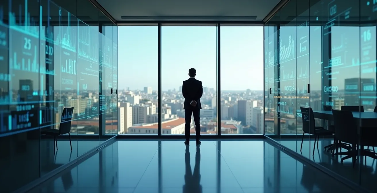 Ejecutivo analizando datos de campaña creativa en entorno empresarial español.