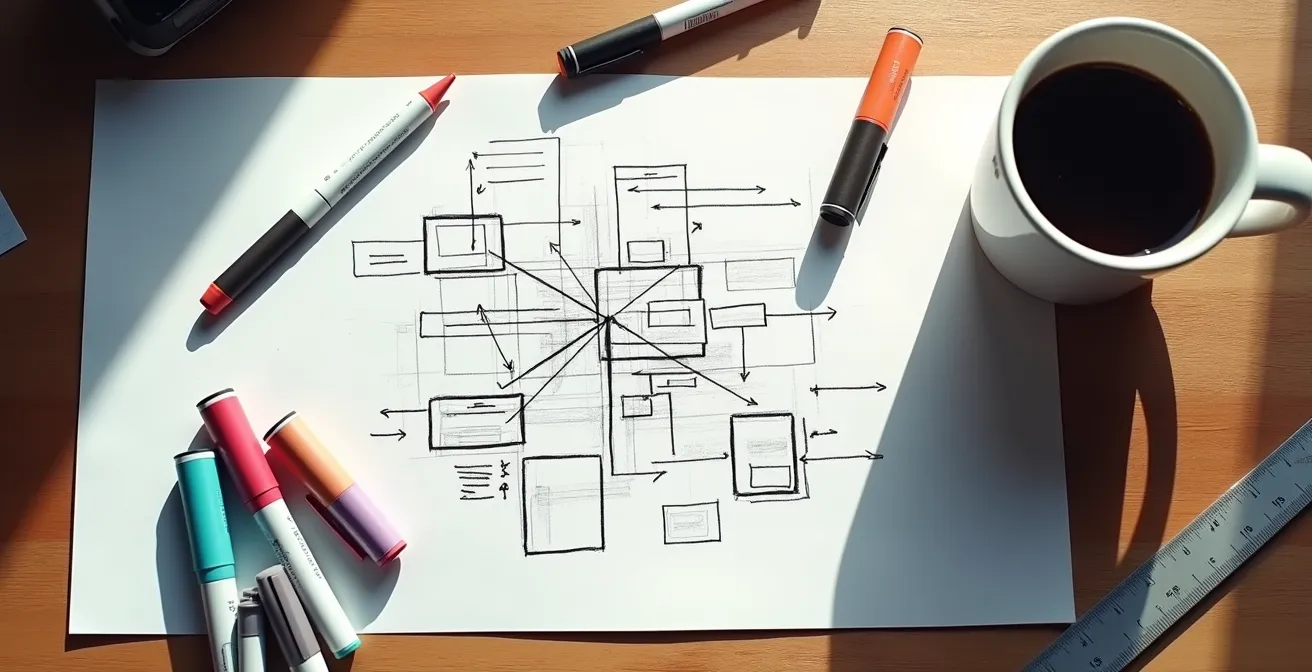 Vista cenital de mesa de trabajo con esquemas de arquitectura web dibujados a mano