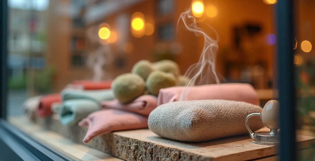 Vista macro detallada de elementos sensoriales en escaparate de tienda