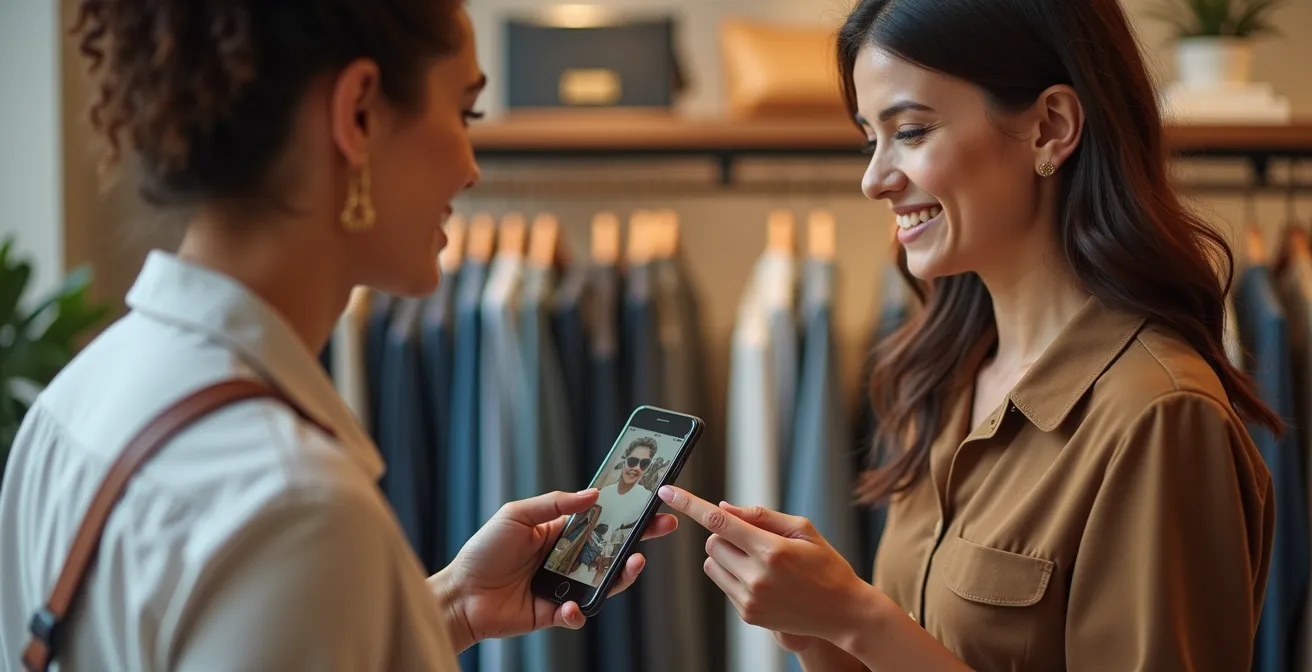 Cliente usando su smartphone en una tienda física mientras interactúa con productos, reflejando una experiencia omnicanal.