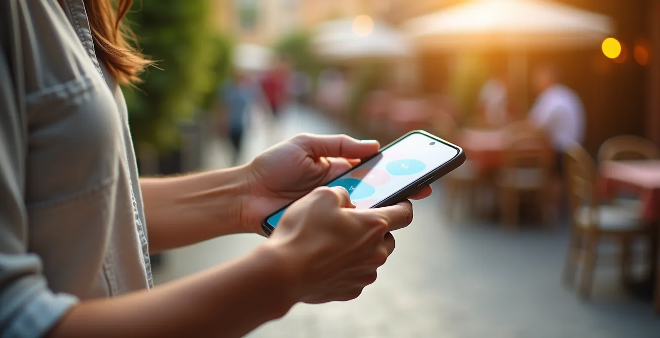 Manos sosteniendo smartphone mostrando interfaz abstracta de compra sin texto legible