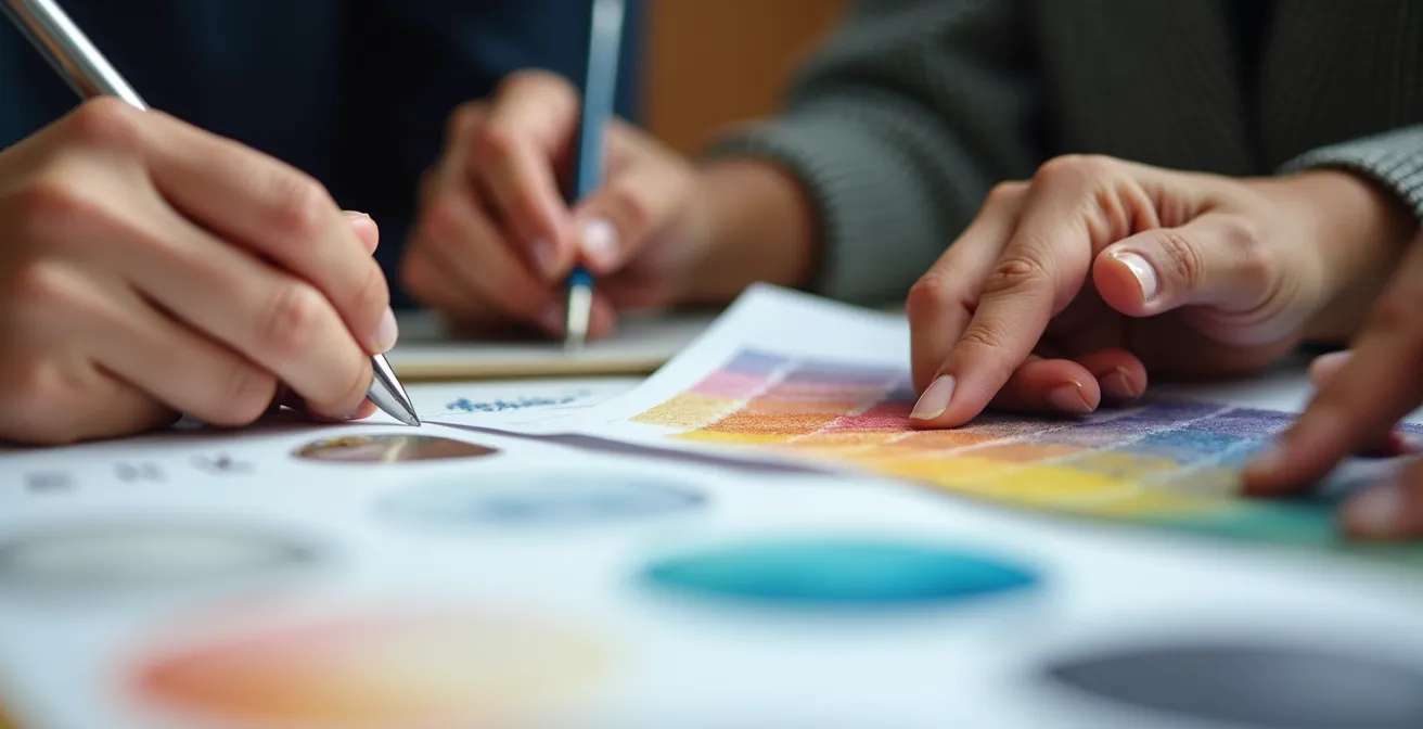 Vista macro de manos colaborando sobre materiales creativos en mesa de trabajo
