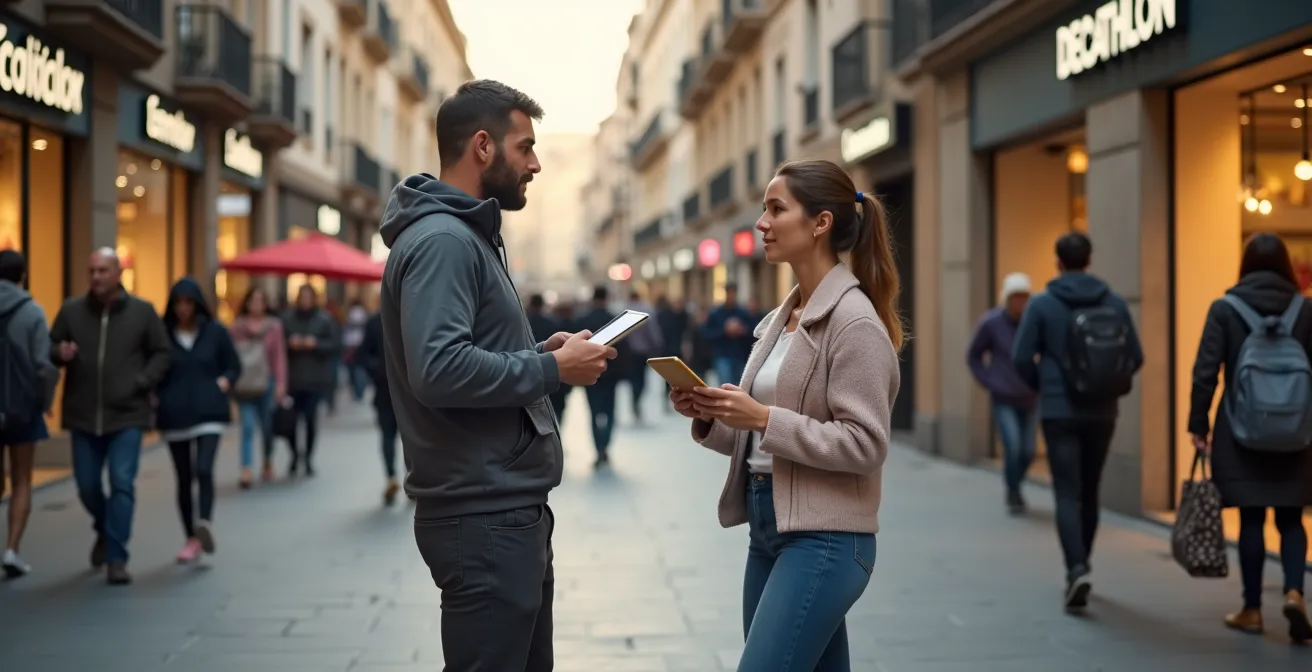 Investigador de mercado realizando entrevistas casuales en una calle concurrida de España con transeúntes