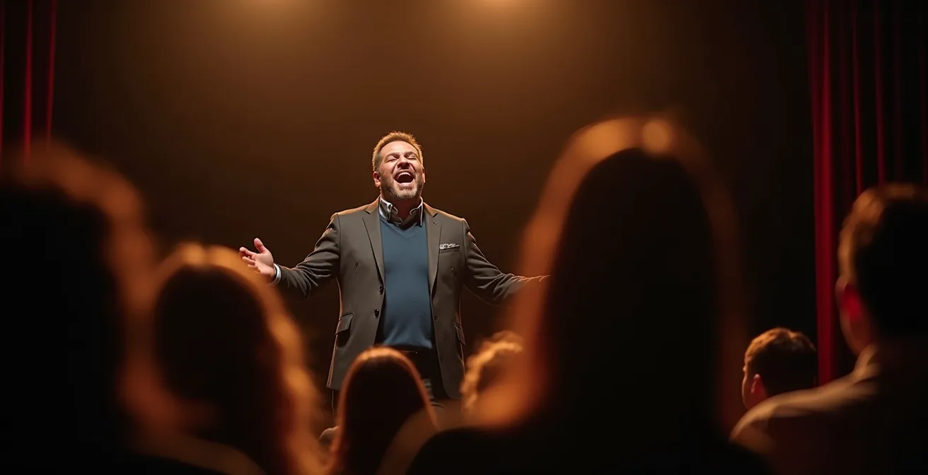 Representación visual del equilibrio entre humor y riesgo en publicidad, con un cómico en un escenario español.