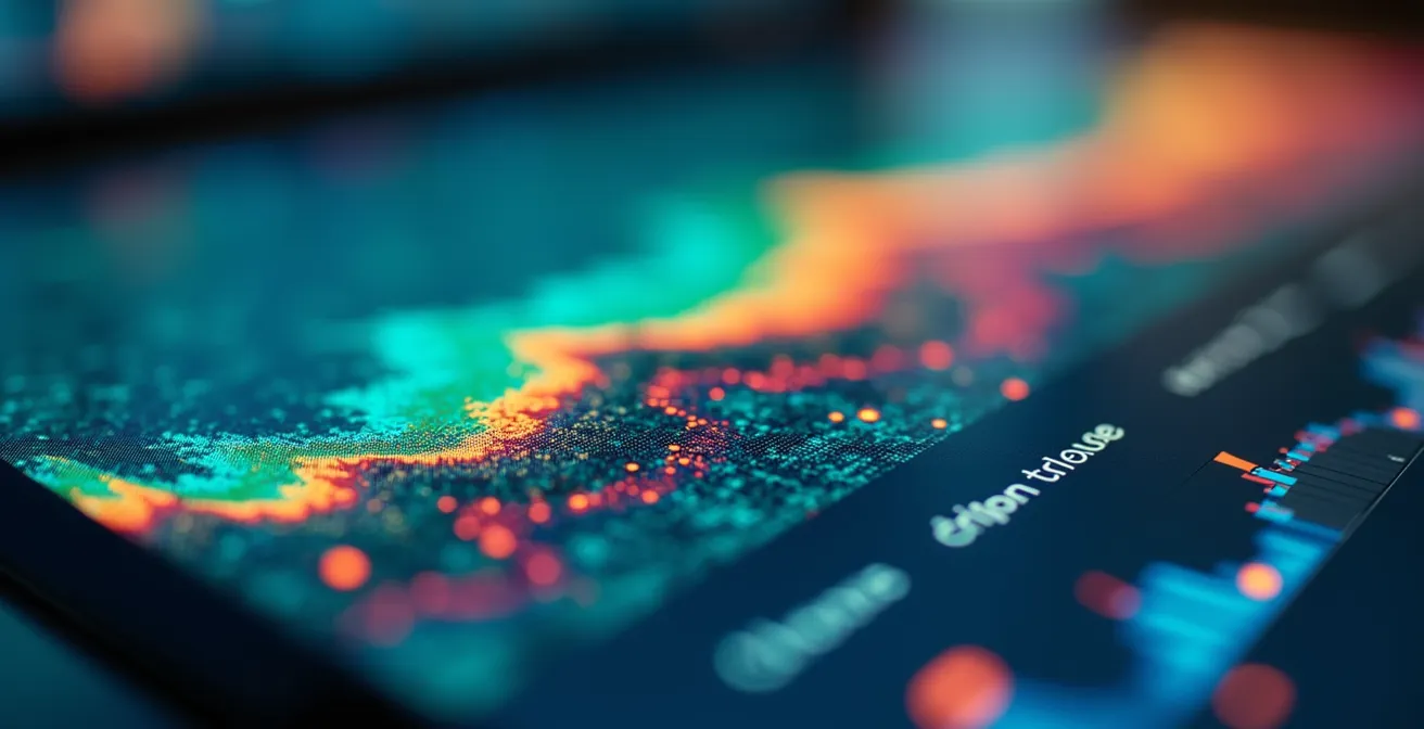 Vista macro de pantalla mostrando patrones de datos coloridos sin texto legible