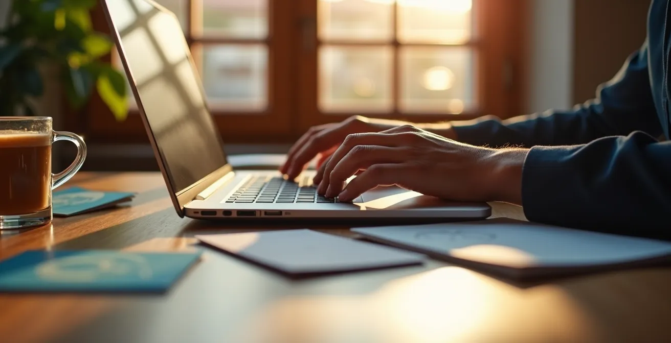 Manos de empresario trabajando en la optimización de su perfil de negocio local