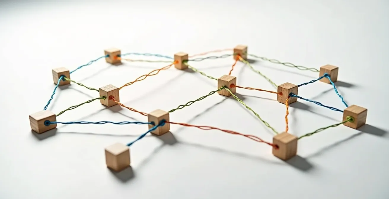 Visualización abstracta de estructura semántica web con conexiones y jerarquías de contenido