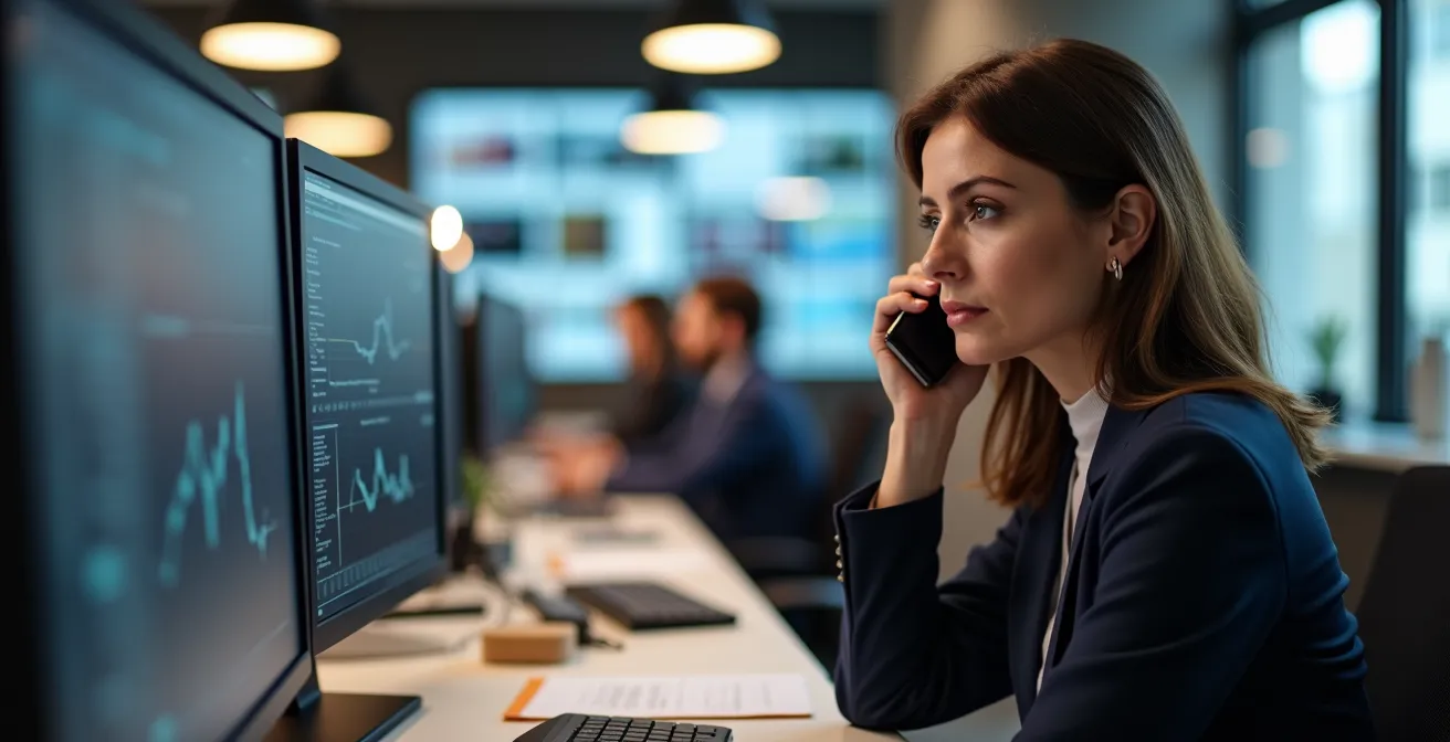 Periodista en redacción moderna preparando entrevista exclusiva con fuentes y documentos