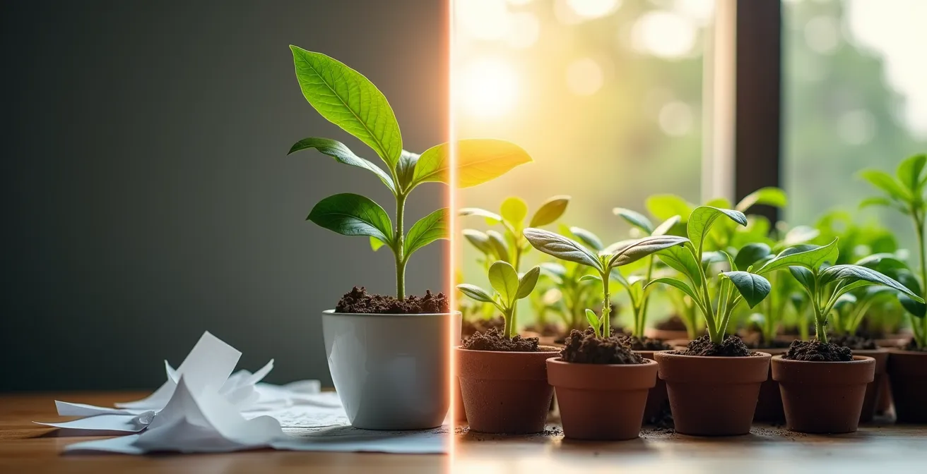 Comparación visual entre contenido centrado en el cliente que florece y contenido corporativo que se marchita