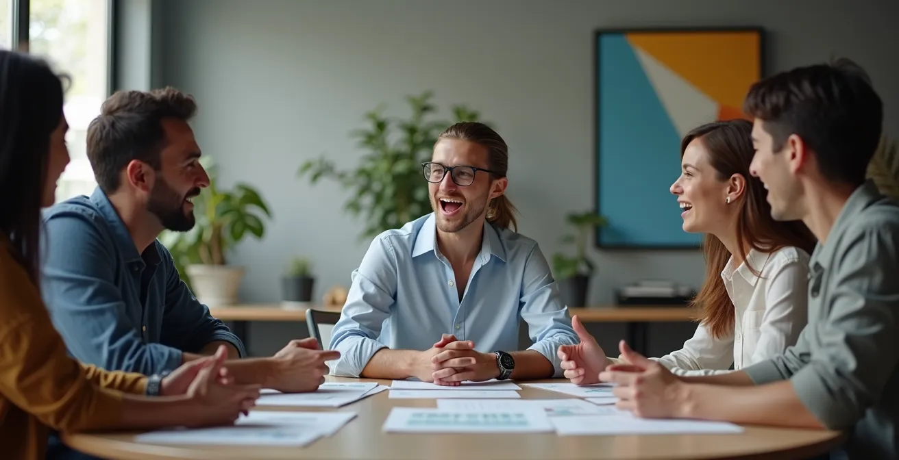 Equipo empresarial analizando datos en reunión colaborativa con visualizaciones abstractas