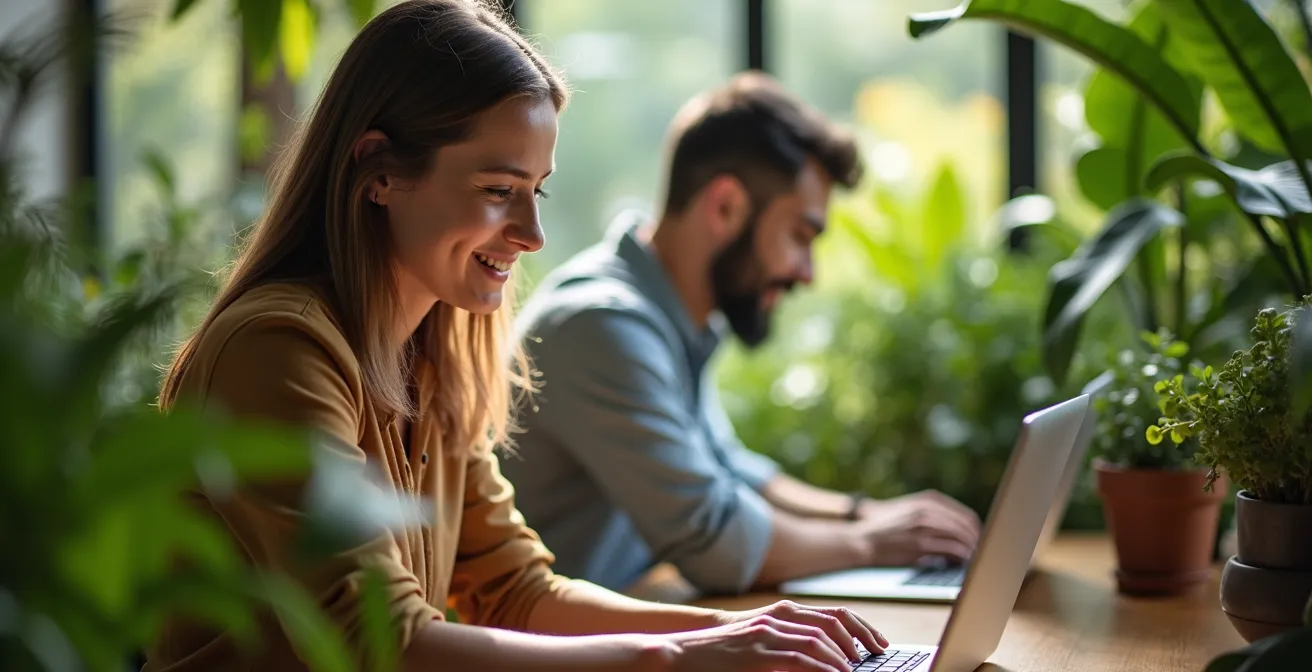 Persona trabajando en laptop rodeada de plantas en oficina sostenible
