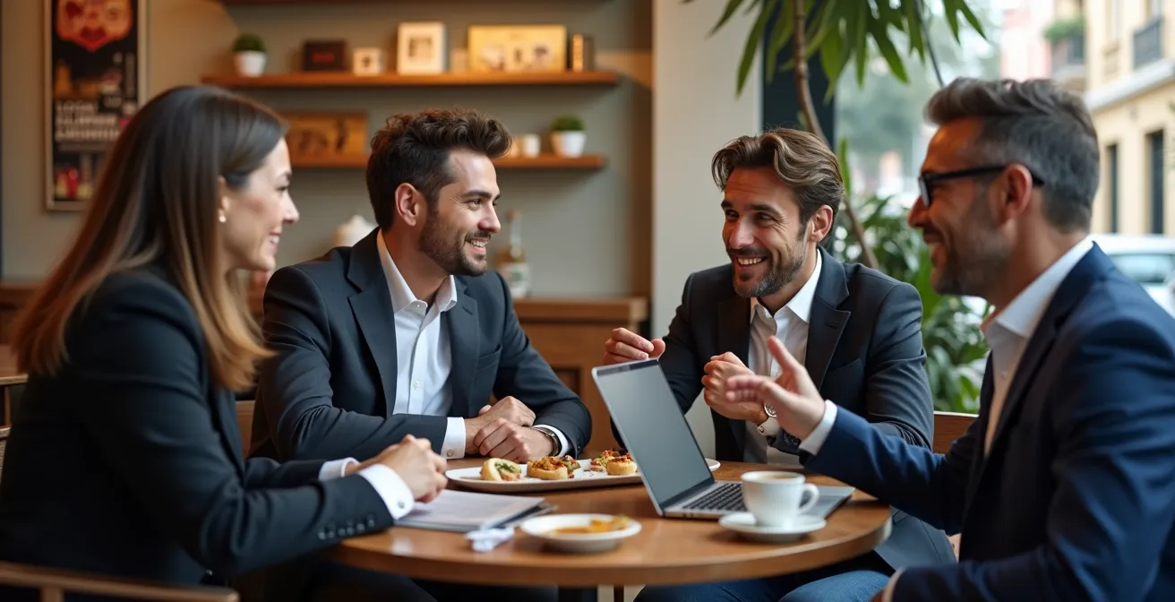 Profesionales españoles en reunión informal de negocios estilo sobremesa digital