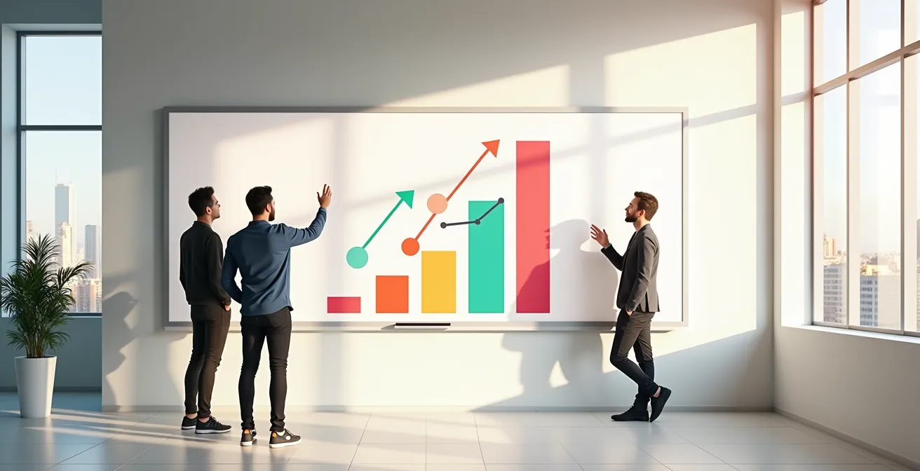 Emprendedores españoles en oficina startup analizando métricas en pizarra con gráficos abstractos de crecimiento